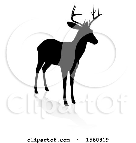 Clipart of a Black Silhouetted Deer Stag Buck, with a Shadow on a White Background - Royalty Free Vector Illustration by AtStockIllustration