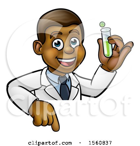 Clipart of a Friendly Black Male Scientist Holding a Test Tube over a Sign - Royalty Free Vector Illustration by AtStockIllustration