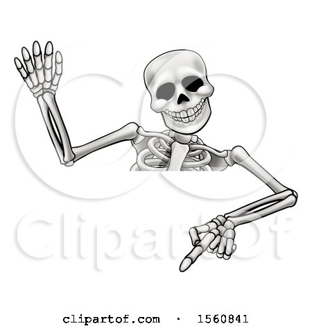 Clipart of a Cartoon Skeleton Waving and Pointing down over a Sign - Royalty Free Vector Illustration by AtStockIllustration