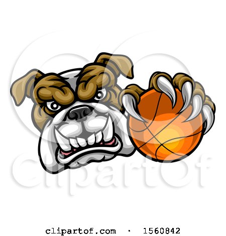 Clipart of a Tough Bulldog Monster Mascot Holding out a Basketball in One Clawed Paw - Royalty Free Vector Illustration by AtStockIllustration