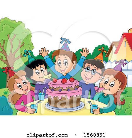 Clipart of a Group of Children Celebrating at a Birthday Party - Royalty Free Vector Illustration by visekart