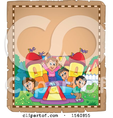 Clipart of a Parchment Border with a Group of Children Playing on a Bouncy House Castle in a Yard - Royalty Free Vector Illustration by visekart