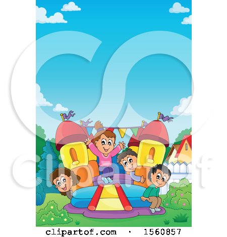 Clipart of a Group of Children Playing on a Bouncy House Castle in a Yard - Royalty Free Vector Illustration by visekart