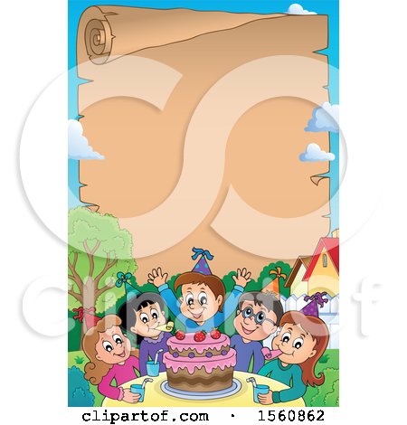Clipart of a Scroll Border of a Group of Children Celebrating at a Birthday Party - Royalty Free Vector Illustration by visekart