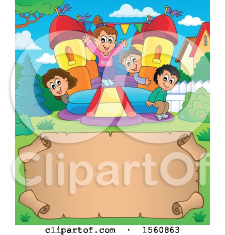 Clipart of a Parchment Border with a Group of Children Playing on a Bouncy House Castle in a Yard - Royalty Free Vector Illustration by visekart
