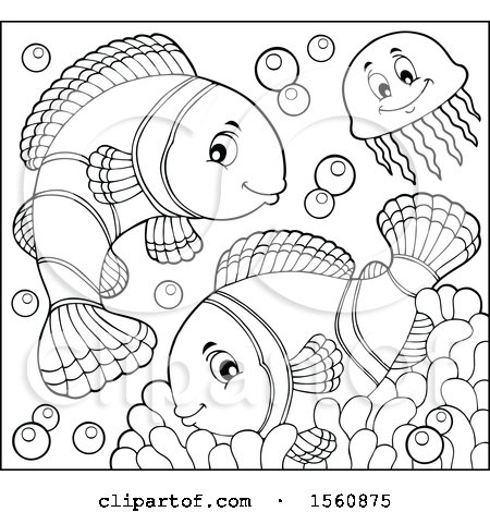 Clipart of a Lineart Jellyfish and Clownfish - Royalty Free Vector Illustration by visekart