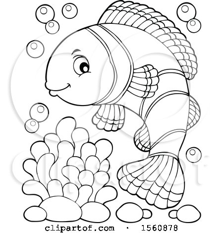 Clipart of a Lineart Clownfish with Bubbles - Royalty Free Vector Illustration by visekart