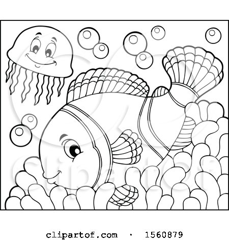 Clipart of a Lineart Jellyfish and Clownfish on an Anemone - Royalty Free Vector Illustration by visekart