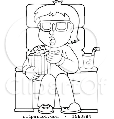 Clipart of a Lineart Man or Boy Eating Popcorn at the Movies - Royalty Free Vector Illustration by visekart