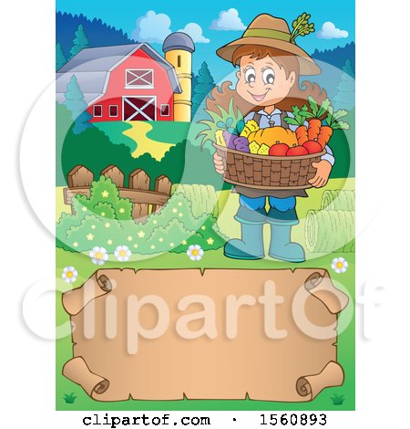 Clipart of a Parchment Border of a Female Farmer - Royalty Free Vector Illustration by visekart