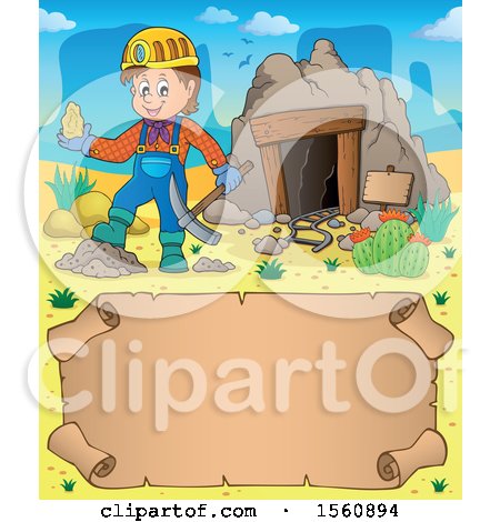 Clipart of a Parchment Border of a Miner Holding Ore by a Cave - Royalty Free Vector Illustration by visekart
