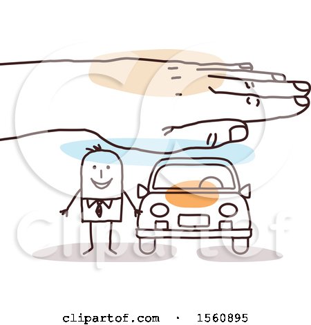 Clipart of a Hand Protecting a Stick Business Man and His Car - Royalty Free Vector Illustration by NL shop