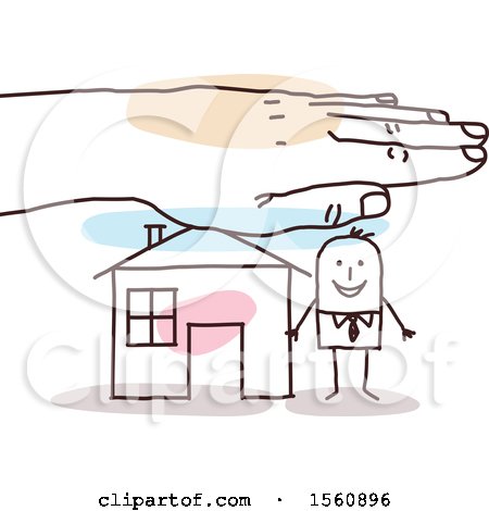 Clipart of a Hand Protecting a Stick Business Man and His Home - Royalty Free Vector Illustration by NL shop