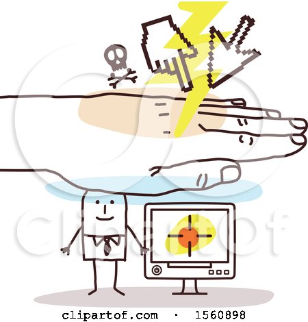 Clipart of a Hand Protecting a Stick Business Man and His Computer from a Cyber Attack - Royalty Free Vector Illustration by NL shop