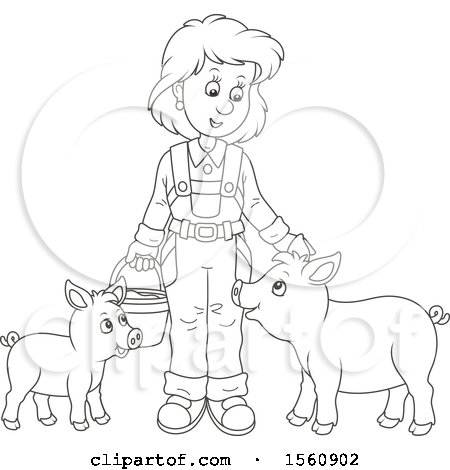 Clipart of a Lineart Female Farmer Tending to Her Pigs - Royalty Free Vector Illustration by Alex Bannykh