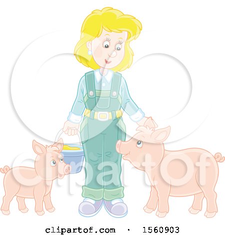 Clipart of a Blond Female Farmer Tending to Her Pigs - Royalty Free Vector Illustration by Alex Bannykh