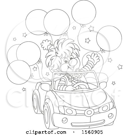 Clipart of a Lineart Clown Driving a Car with Balloons - Royalty Free Vector Illustration by Alex Bannykh