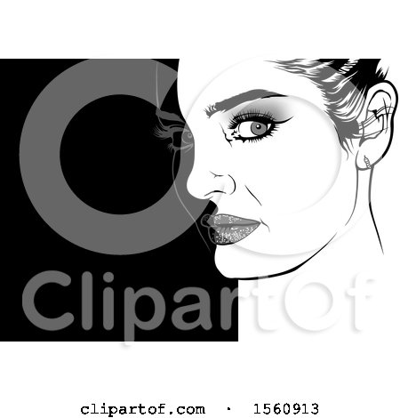 Clipart of a Grayscale Female Face with Makeup, on a White and Black Background - Royalty Free Vector Illustration by dero