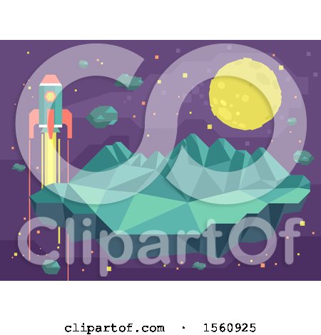 Clipart of a Geometric Moon, Rocket and Asteroid - Royalty Free Vector Illustration by BNP Design Studio