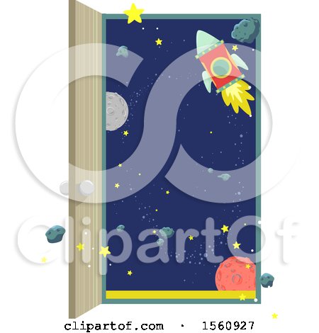 Clipart of a Rocket and Planets Seen Through an Open Door - Royalty Free Vector Illustration by BNP Design Studio