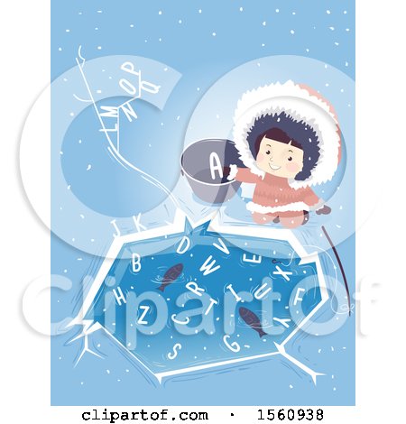 Clipart of a Happy Ice Age Girl by an Ice Pond with Fish and Letters - Royalty Free Vector Illustration by BNP Design Studio
