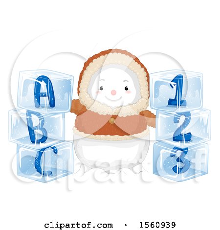Clipart of a Bundled Eskimo Snowman with Alphabet and Number Ice Blocks - Royalty Free Vector Illustration by BNP Design Studio
