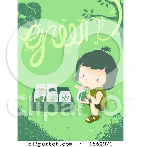Clipart of a Girl Collecting Plants with the Word Green - Royalty Free Vector Illustration by BNP Design Studio