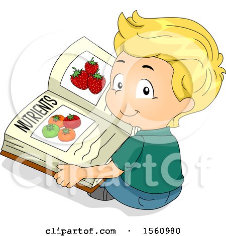 Clipart of a Boy Reading a Book About Food and Nutrients - Royalty Free Vector Illustration by BNP Design Studio