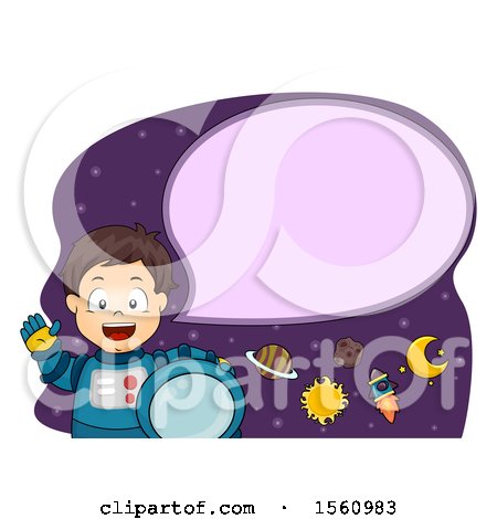Clipart of a Boy Astronaut Talking, with a Rocket and Planets - Royalty Free Vector Illustration by BNP Design Studio