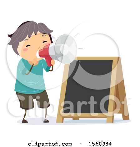 Clipart of a Boy Using a Megaphone by a Black Board Sign - Royalty Free Vector Illustration by BNP Design Studio