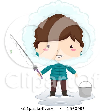 Clipart of a Happy Brunette White Boy Holding a Fishing Pole and Standing by a Bucket - Royalty Free Vector Illustration by BNP Design Studio