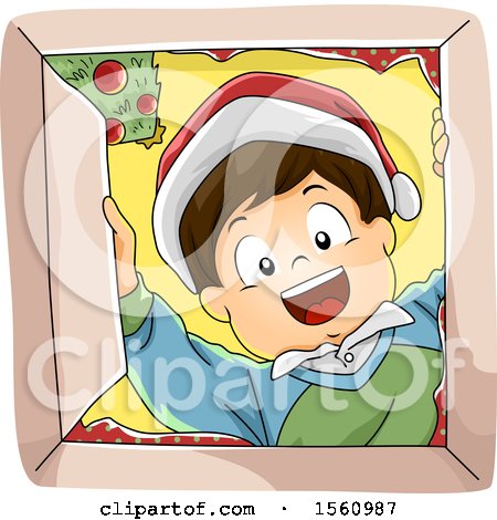 Clipart of a Happy Boy Wearing a Santa Hat and Looking into a Christmas Gift Box - Royalty Free Vector Illustration by BNP Design Studio