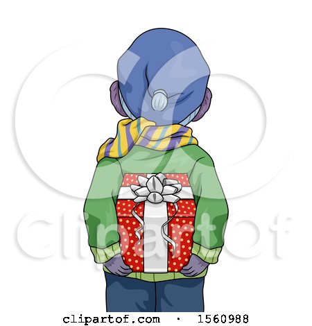 Clipart of a Rear View of a Boy Holding a Christmas Present Behind His Back - Royalty Free Vector Illustration by BNP Design Studio