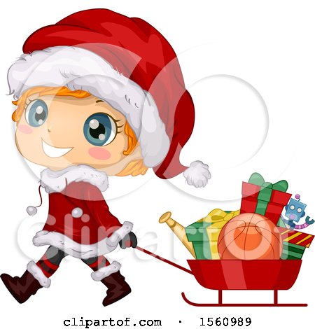 Clipart of a Cute Red Haired Boy in a Santa Suit, Pulling Fits in a Sled - Royalty Free Vector Illustration by BNP Design Studio