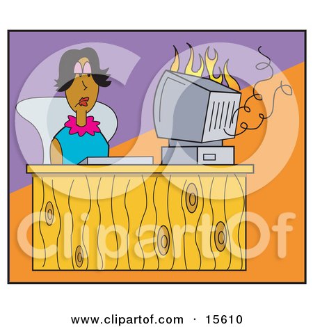 Woman Sitting At A Desk And Watching Her Computer Go Up In Flames Clipart Illustration by Andy Nortnik