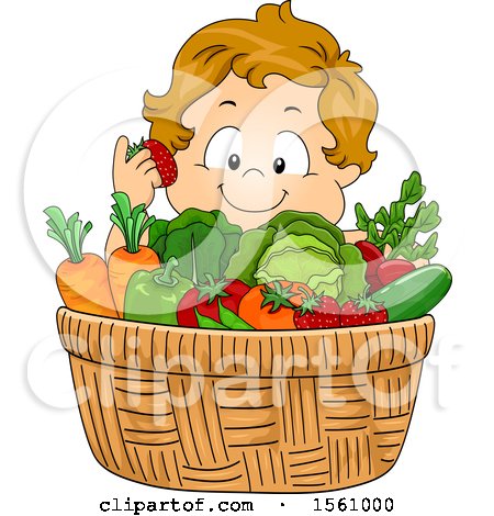 Clipart of a White Toddler Boy with a Basket of Produce - Royalty Free Vector Illustration by BNP Design Studio