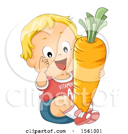 Clipart of a Blond Toddler Boy with a Giant Carrot and Vitamin a Shirt - Royalty Free Vector Illustration by BNP Design Studio