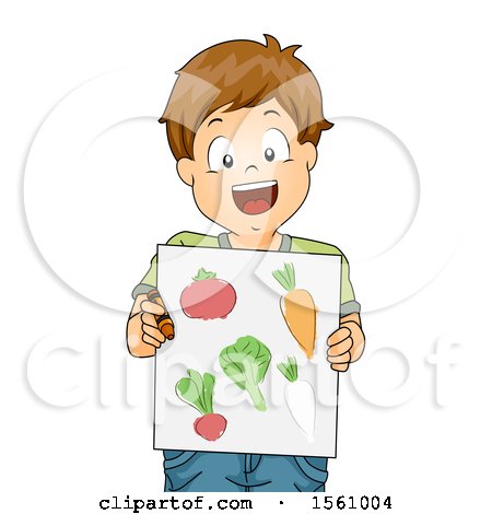 Clipart of a Happy White Boy Holding a Board of Drawn Vegetables - Royalty Free Vector Illustration by BNP Design Studio