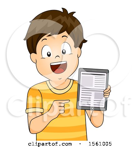 Clipart of a Brunette White Boy Holding a Tablet with Articles on the Screen - Royalty Free Vector Illustration by BNP Design Studio