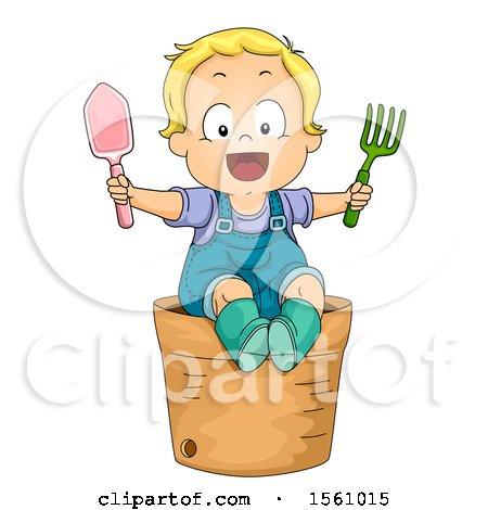 Clipart of a Blond Toddler Boy Holding Gardening Tools on a Pot - Royalty Free Vector Illustration by BNP Design Studio