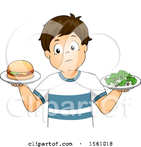 Clipart of a Boy Holding a Burger in One Hand and a Plate of Broccoli in the Other - Royalty Free Vector Illustration by BNP Design Studio