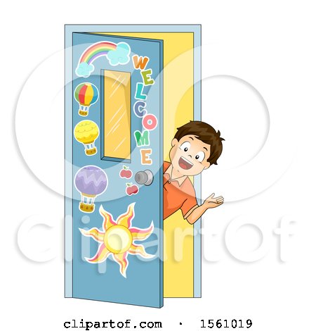 Clipart of a Boy Looking out of a Class Room Door and Welcoming - Royalty Free Vector Illustration by BNP Design Studio