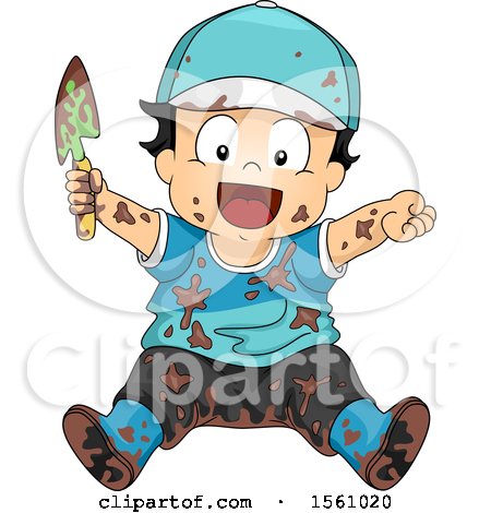 Clipart of a Happy Muddy Toddler Boy Holding a Garden Spade - Royalty Free Vector Illustration by BNP Design Studio