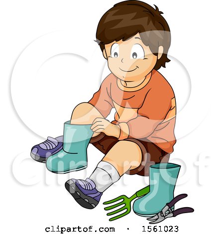 Clipart of a Boy Putting on Gardening Boots - Royalty Free Vector Illustration by BNP Design Studio