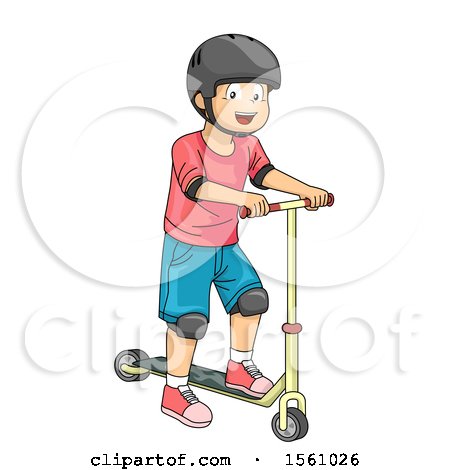 Clipart of a Boy Wearing a Helmet and Playing with a Scooter - Royalty Free Vector Illustration by BNP Design Studio