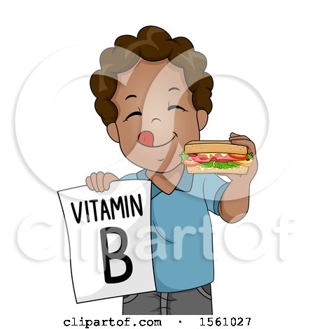 Clipart of a Boy Holding a Vitamin B Sign and Holding a Sandwich - Royalty Free Vector Illustration by BNP Design Studio