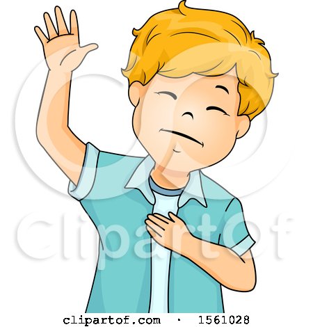 Clipart of a Boy Raising His Hand and Holding One over His Heart - Royalty Free Vector Illustration by BNP Design Studio