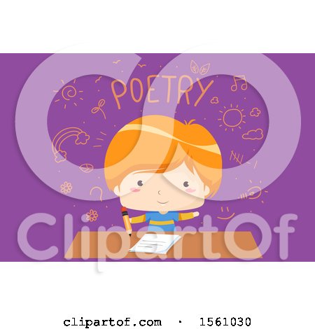 Clipart of a School Boy Writing Poetry, with Icons and Text on Purple - Royalty Free Vector Illustration by BNP Design Studio