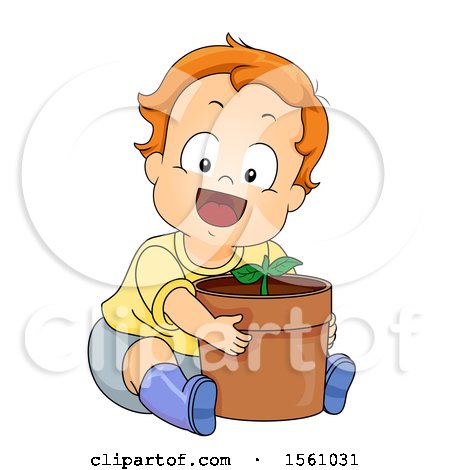Clipart of a Toddler Boy Hugging a Potted Plant - Royalty Free Vector Illustration by BNP Design Studio