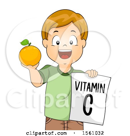 Clipart of a Boy Holding a Vitamin C Sign and Holding up an Orange - Royalty Free Vector Illustration by BNP Design Studio